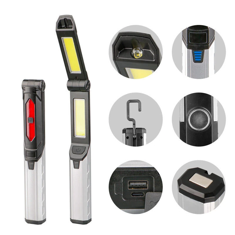 Portable COB LED Flashlight USB Rechargeable Work Light Magnetic Lanterna Hanging Lamp with Built-in Battery Camping Torch