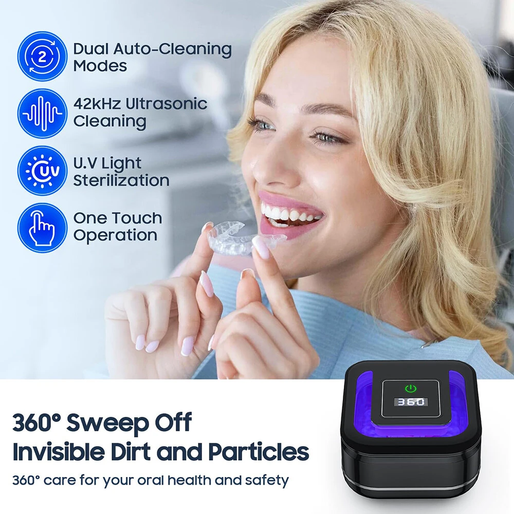 Portable Ultrasonic UV Cleaning Machine Mini Ultrasonic Braces Cleaning Machine UV Invisible Denture Cleaner 42,000Hz Deep Cleaning — view 5