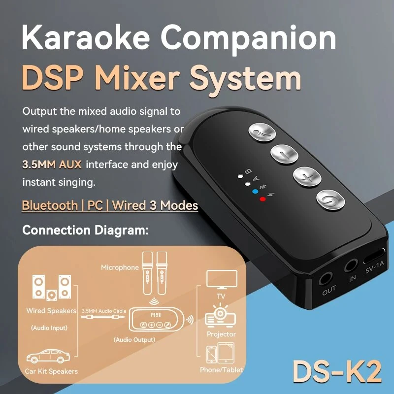 Portable Wireless Karaoke Companion Dynamic Microphone DBL DS-K2 DSP Mixer System Bluetooth 5.3 RGB Colorful Light Type-C 3.5mm Aux Amplifier Host — view 5