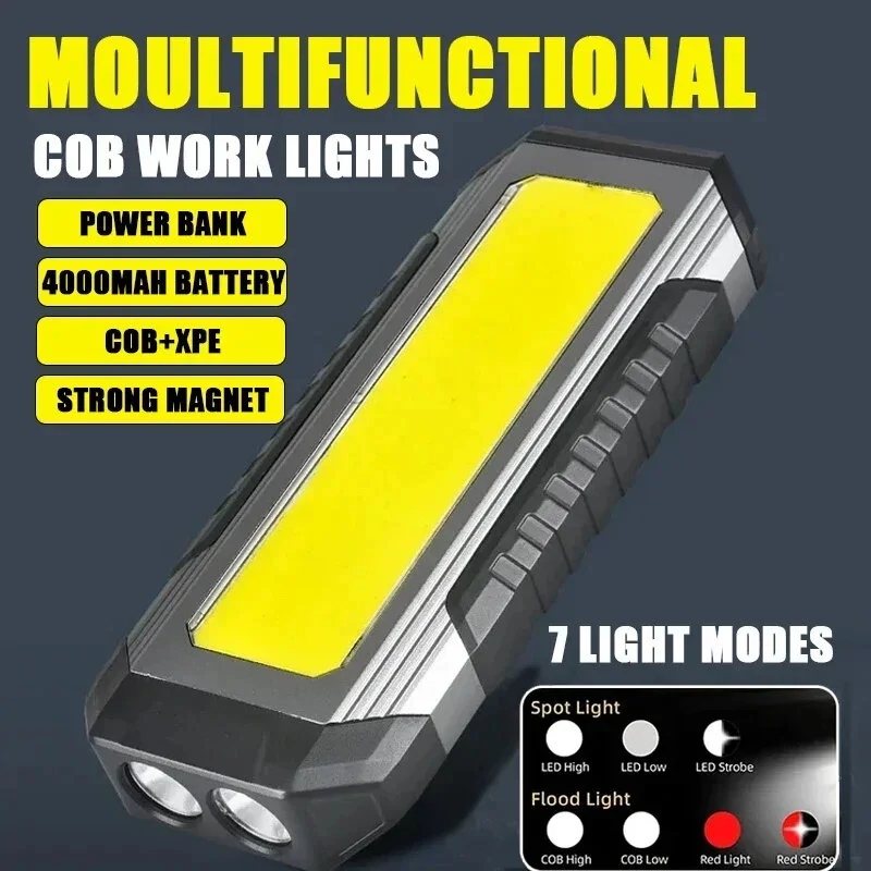 Powerful XPE LED+COB Dual Light Sources Work Light 4000mAh Power Bank Flashlight TYPE-C Rechargeable With Magnet Outdoor Camping Emergency Lantern — view 4