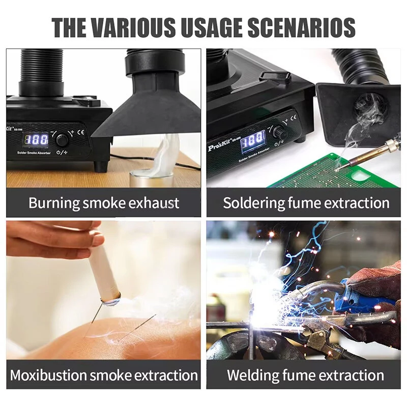 Pro'sKit SS-596G Solder Smoke Absorber Desktop Smoke Purifier DC12V 15W 90 L/Min 10-100 Digital Fan Speed LED Display 3-Layer Filter Flexible Hose — view 4