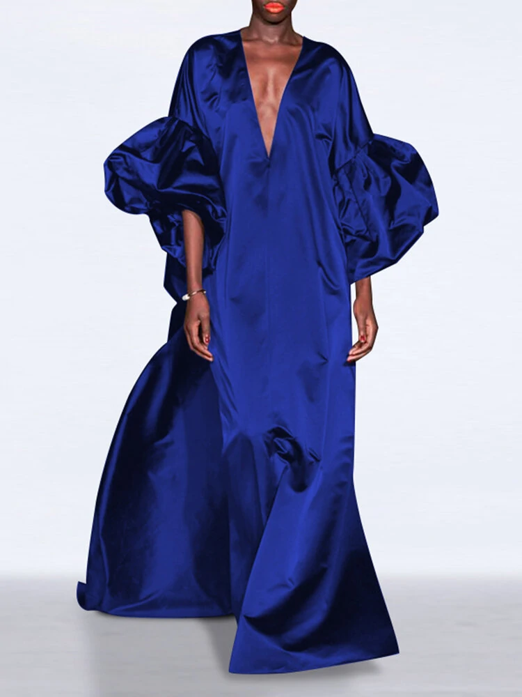 Puff Sleeve Ruffles Loose Fit V-Neck Leisure Maxi Dress For Women — view 4