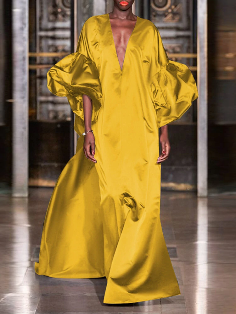 Puff Sleeve Ruffles Loose Fit V-Neck Leisure Maxi Dress For Women — view 5