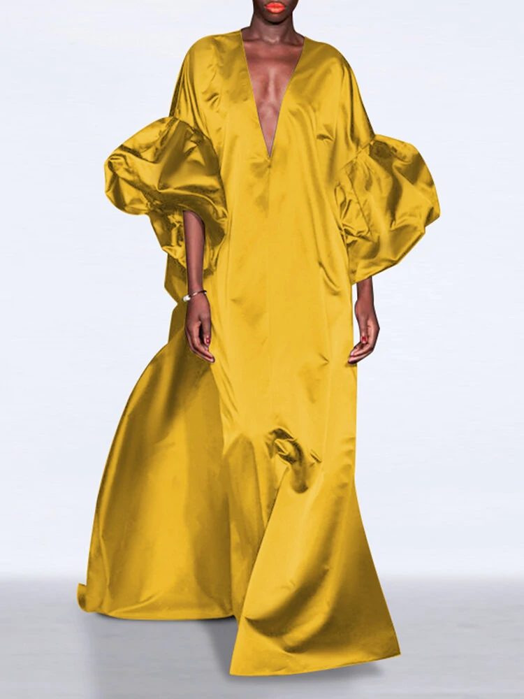 Puff Sleeve Ruffles Loose Fit V-Neck Leisure Maxi Dress For Women — view 6