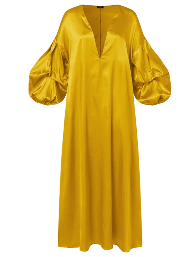 Puff Sleeve Ruffles Loose Fit V-Neck Leisure Maxi Dress For Women — view 7