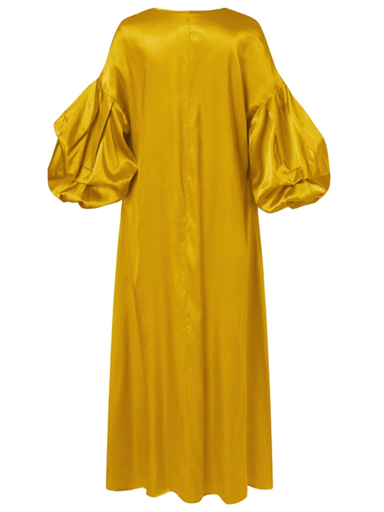 Puff Sleeve Ruffles Loose Fit V-Neck Leisure Maxi Dress For Women — view 8
