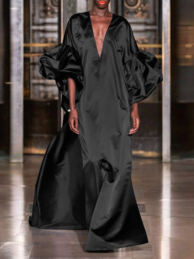 Puff Sleeve Ruffles Loose Fit V-Neck Leisure Maxi Dress For Women — view 9