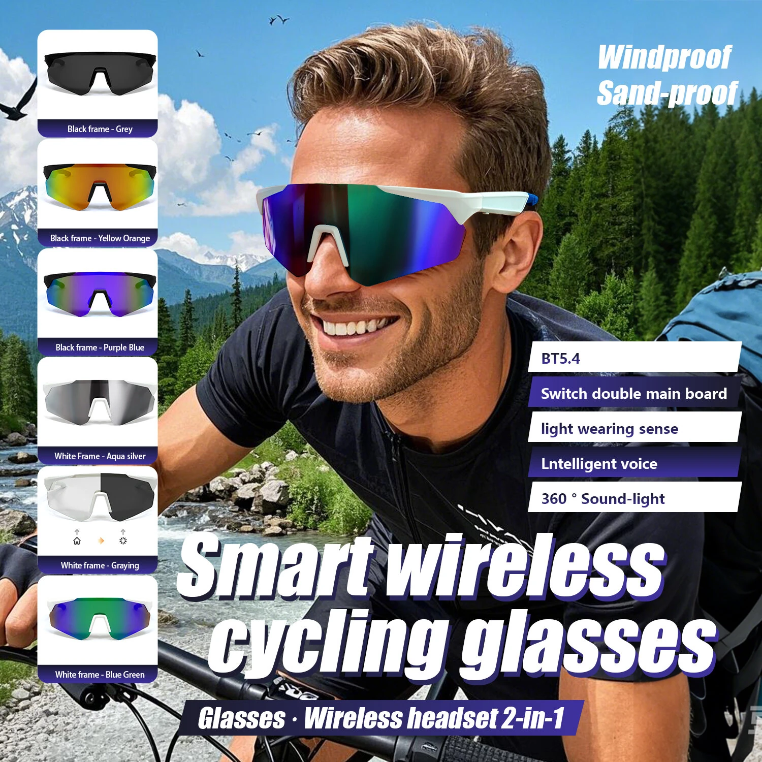 QY-Pro2 bluetooth 5.4 Smart Cycling Glasses with AI Voice Assistant UV Protection Windproof Sandproof 360° Surround Sound for Outdoor Sports — view 3