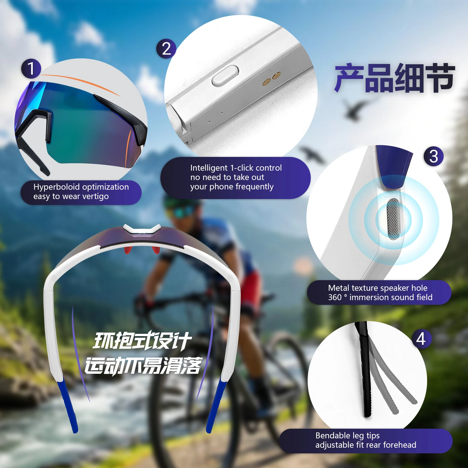 QY-Pro2 bluetooth 5.4 Smart Cycling Glasses with AI Voice Assistant UV Protection Windproof Sandproof 360° Surround Sound for Outdoor Sports — view 5