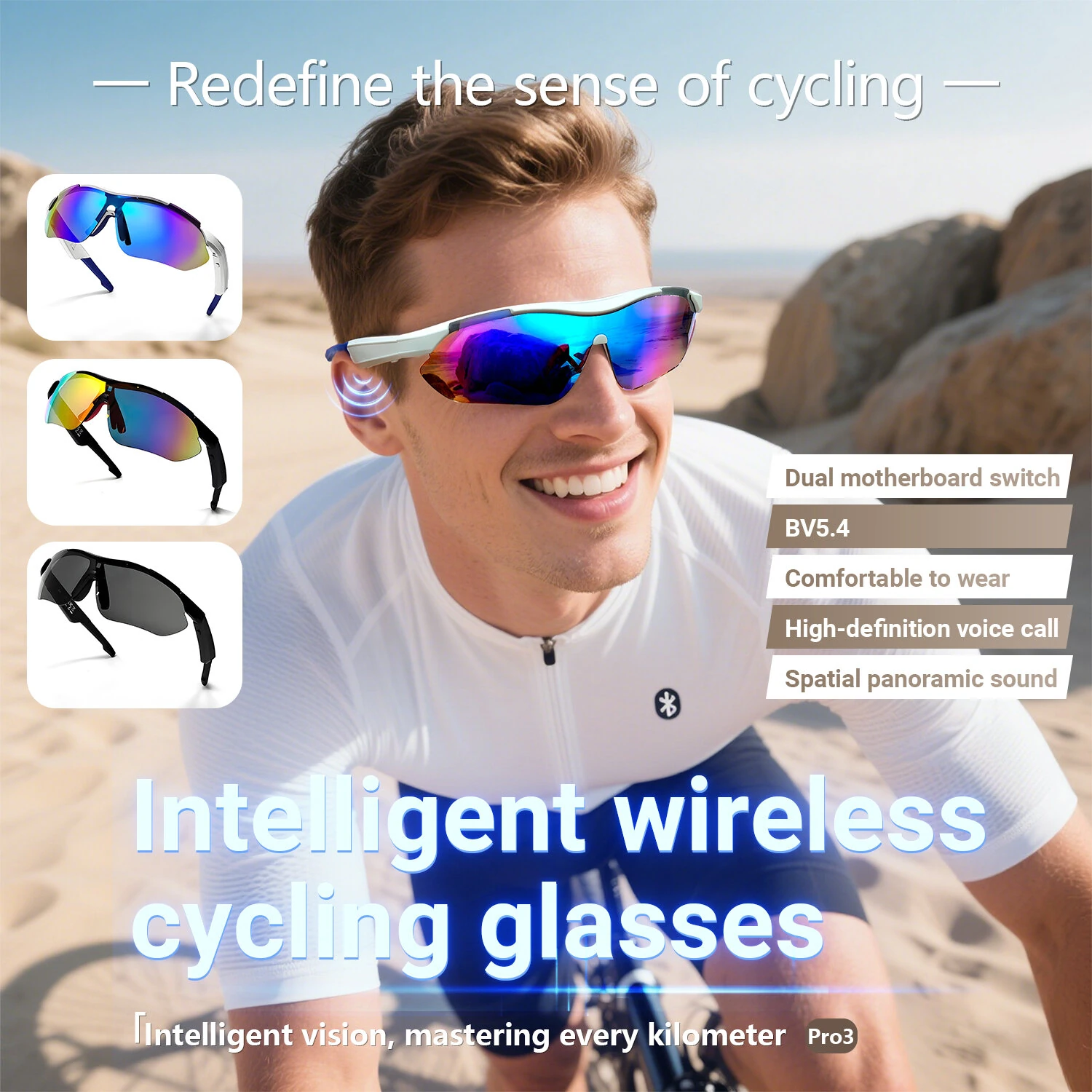 QY Pro3 Smart bluetooth 5.4 Cycling Glasses with AI Voice Assistant 360° Surround Sound Magnetic Charging UV Protection for Outdoor Sports — view 2