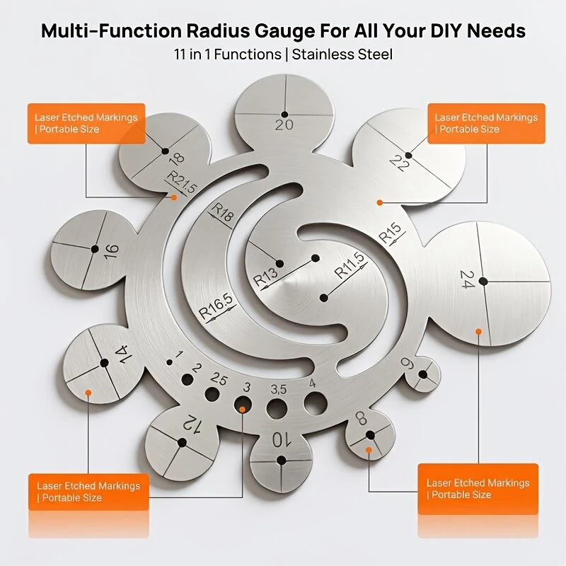 Rαdius Gauge 11-in-1 Multi-Function Circle Template Ruler 304 Stainless Steel Center Finder 8-24mm Round Corner Arc Finder Tool — view 3
