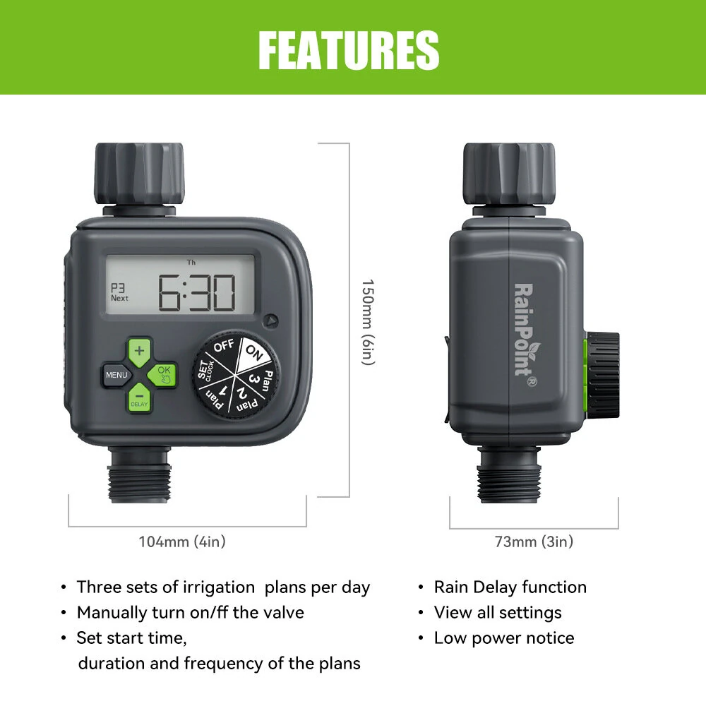 Rainpoint Smart Garden Irrigation Timer Weather-Responsive Rain Delay LCD Digital Water Timer Automatic Watering System Drip Irrigation Controller — view 6