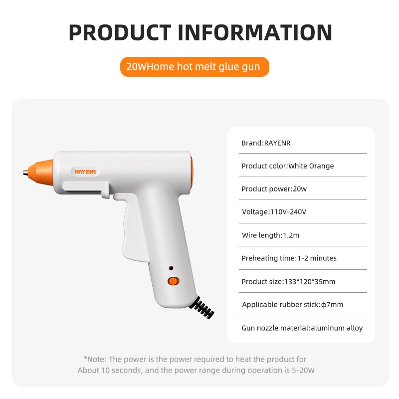 RAYENR Home Hot Melt Glue Gun 20W 110V-240V Quick Preheat 7mm Sticks Aluminum Alloy Nozzle Compact Design 30PCS/60PCS Optional Glue Sticks — view 10