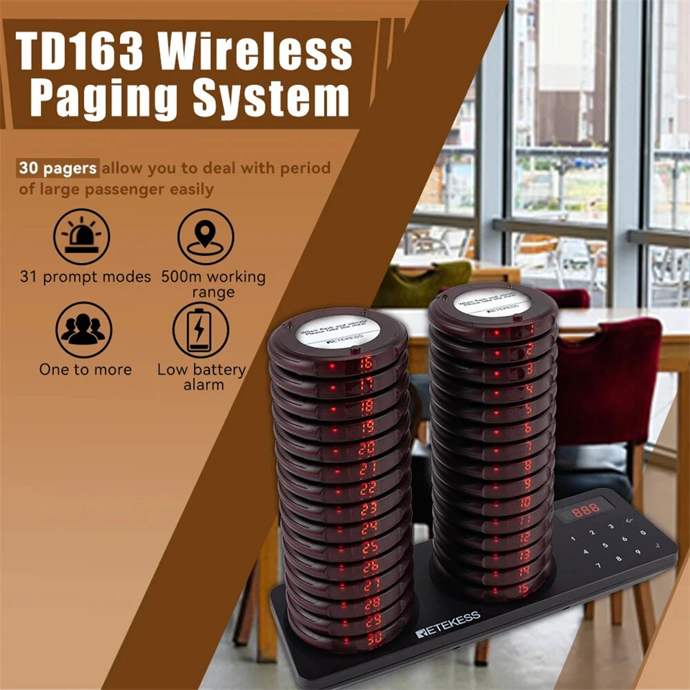 Retekess Restaurant Pager Wireless Calling System Vibrators Paging Device 20/30pcs Coaste Pager 500m Range IP33 Waterproof Keypad Touch 31 Prompt Modes — view 2