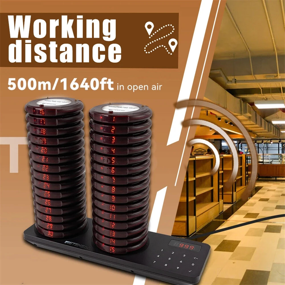 Retekess Restaurant Pager Wireless Calling System Vibrators Paging Device 20/30pcs Coaste Pager 500m Range IP33 Waterproof Keypad Touch 31 Prompt Modes — view 3