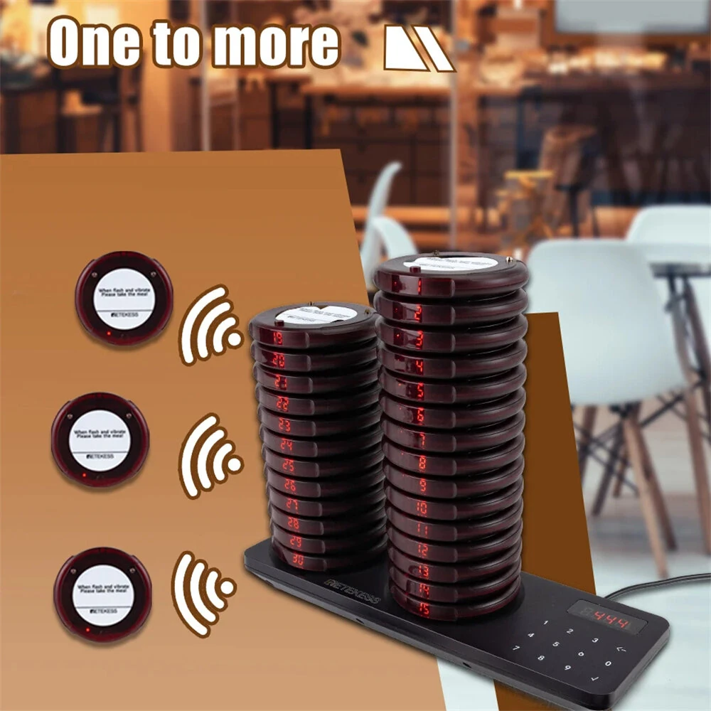 Retekess Restaurant Pager Wireless Calling System Vibrators Paging Device 20/30pcs Coaste Pager 500m Range IP33 Waterproof Keypad Touch 31 Prompt Modes — view 6