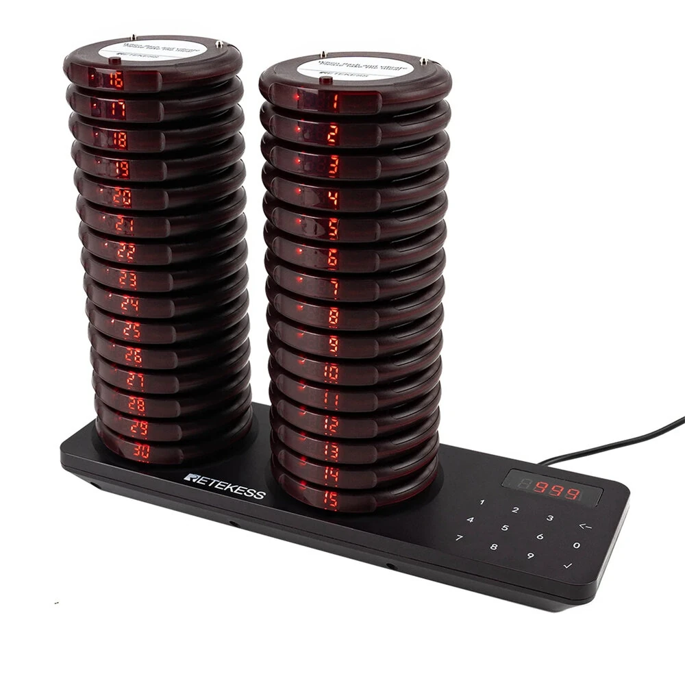 Retekess Restaurant Pager Wireless Calling System Vibrators Paging Device 20/30pcs Coaste Pager 500m Range IP33 Waterproof Keypad Touch 31 Prompt Modes — view 7