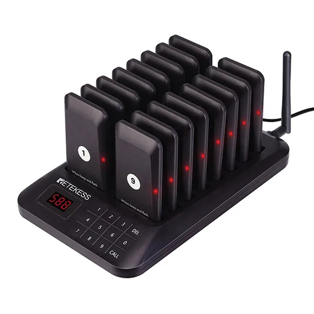 RETEKESS TD157 Restaurant Pager Wireless Calling System 16 Coasters Buzzer Beeper Bell Receivers 300m Transmission Rechargeable Battery for Restaurant Bar Cafe Hotel Hospital