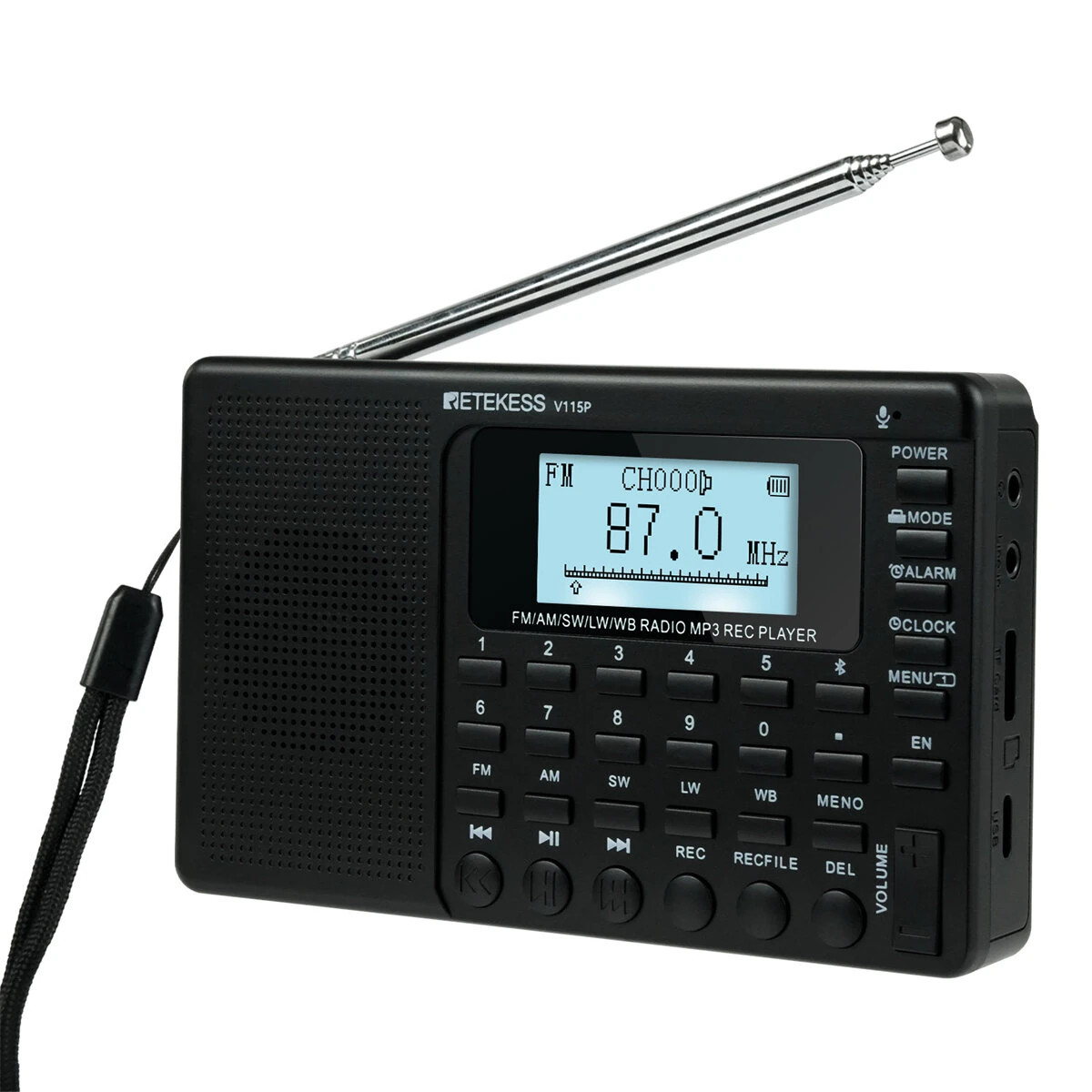 Retekess V115P Portable Bluetooth Radio 5-Band AM FM SW LW WB Flashlight 3 Recording Modes TF Card USB Rechargeable Speaker