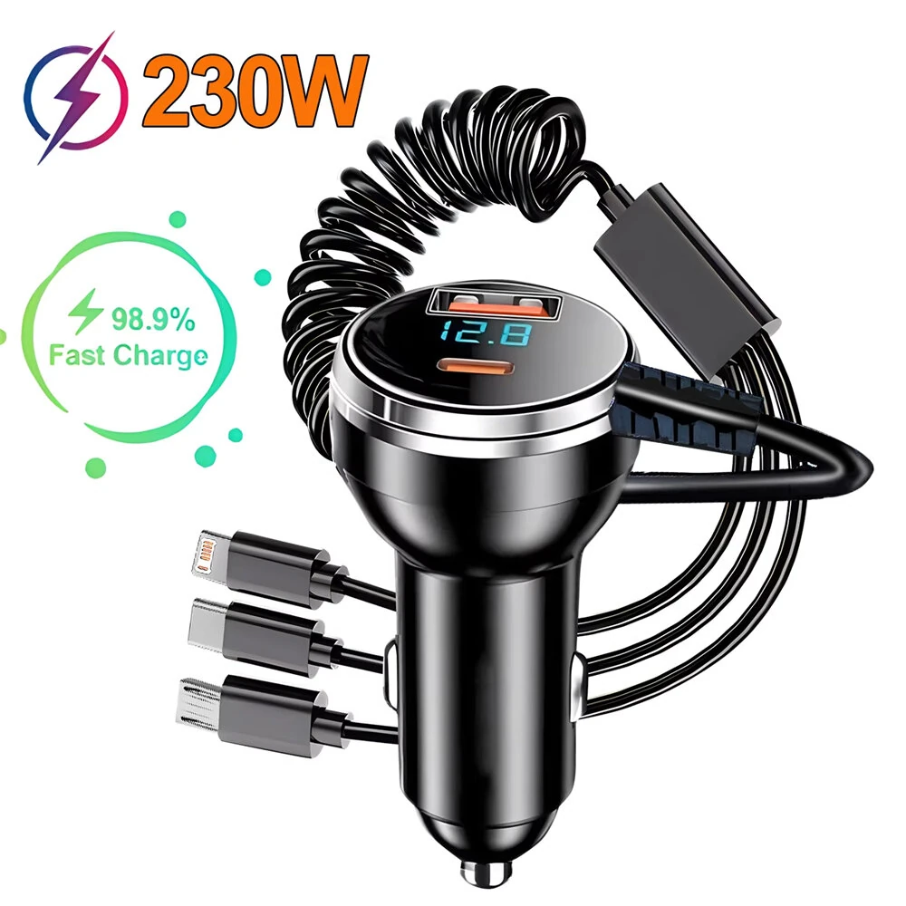 Retractable Car Charger 100W 4 in 1 Fast Car Charger USB C PD QC 3.0 Lighter Adapter Multi Port Car Phone Charger with Digital Display For iPhone 17 16 Pro Max Laptop Car Gadgets Accessories — view 11