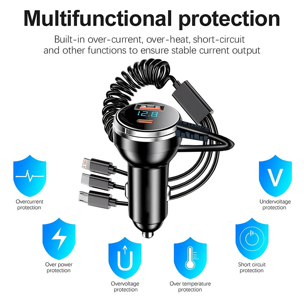 Retractable Car Charger 100W 4 in 1 Fast Car Charger USB C PD QC 3.0 Lighter Adapter Multi Port Car Phone Charger with Digital Display For iPhone 17 16 Pro Max Laptop Car Gadgets Accessories — view 8