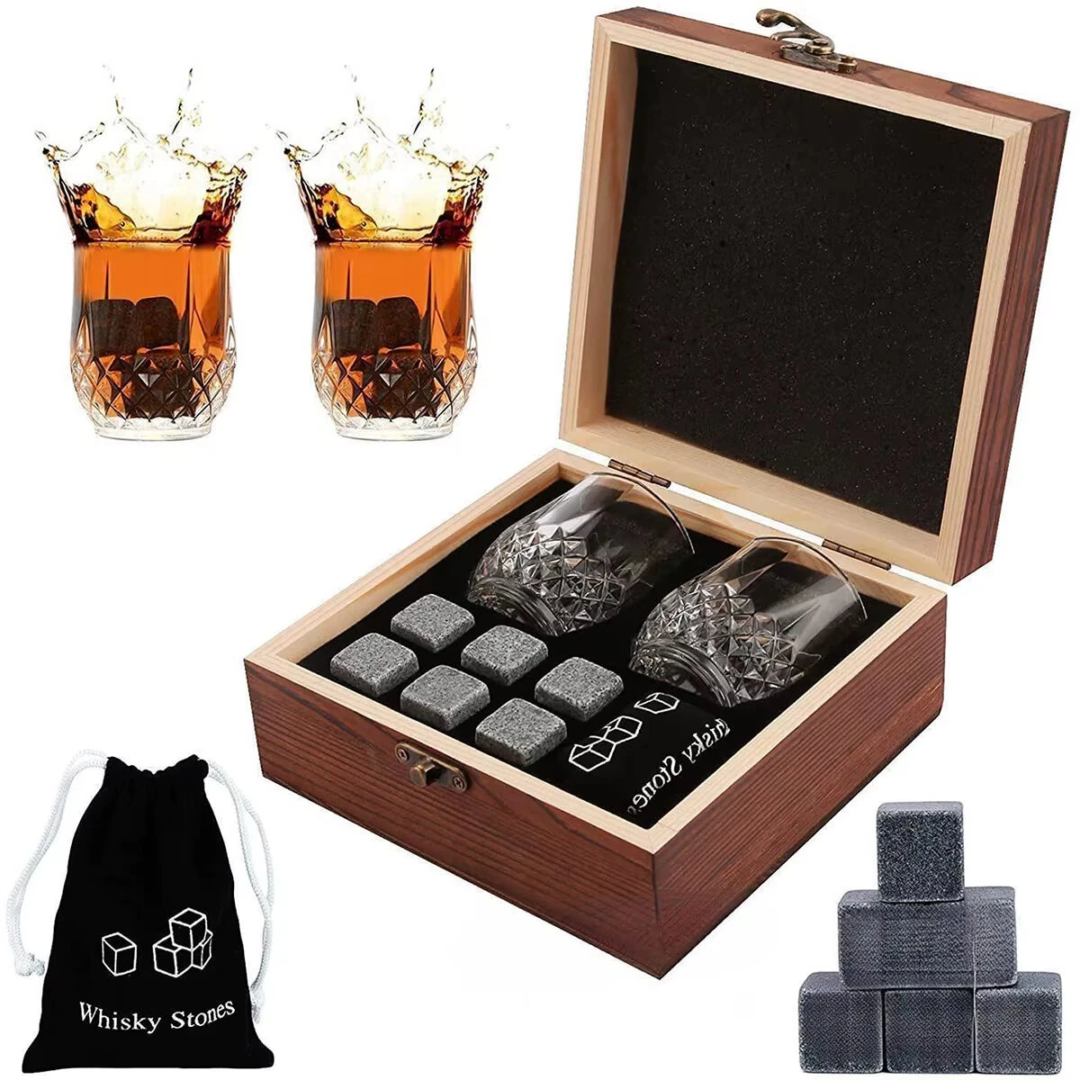Reusable Whiskey 6 Ice Stones Set Whiskey Stones 2 Whisky Glasses Set Granite Ice Cube Stainless Steel Clips with Fleece Bag Wooden Gift Best Gift for Men — Reusable