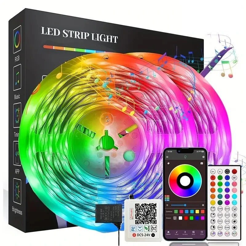 RGB Bluetooth LED Light Strip Smart Atmosphere Light Indoor 24V EU Plug With 44-Key Remote Control for TV Wall Computer Room Bedroom — RGB