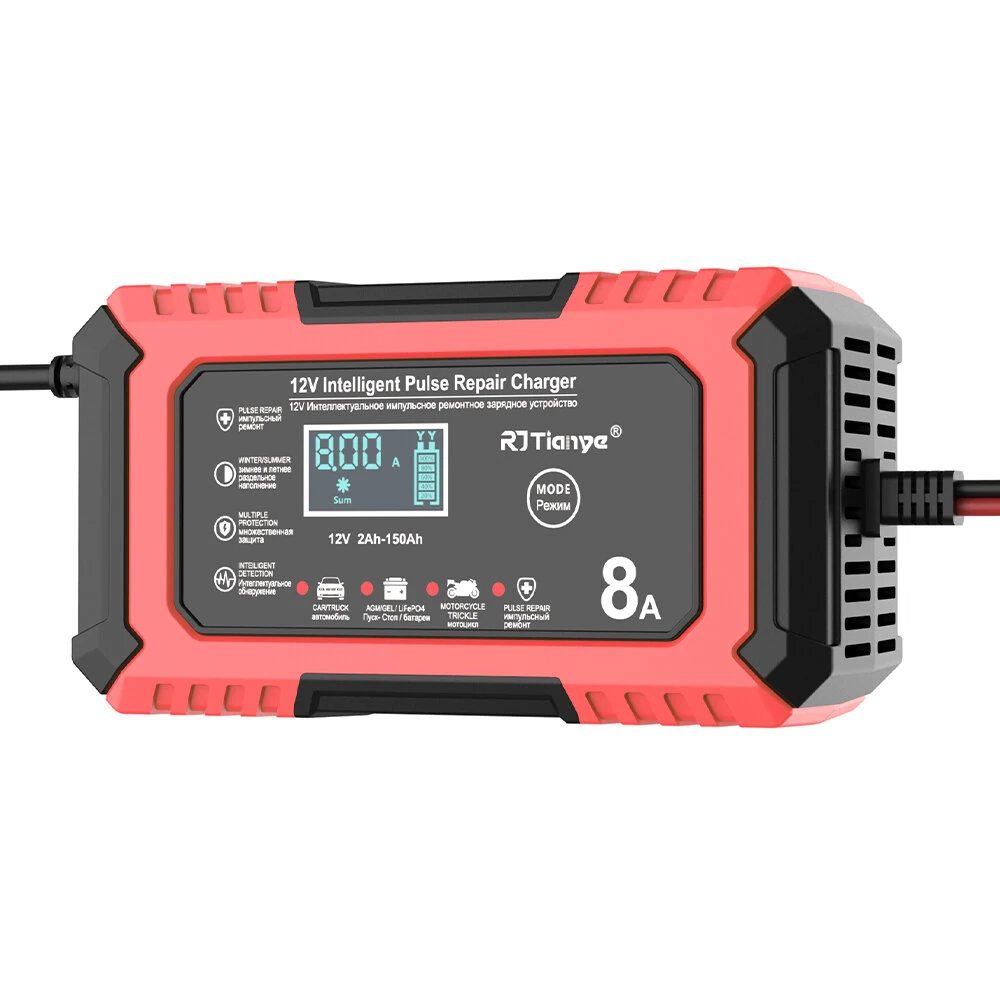 RJTianye 12V 8A 4ah-150ah Intelligent Pulse Repair Charger 110-230V AC Car Motorcycle Battery Charger LiFePO4 Charger Digital LCD Display — image 1