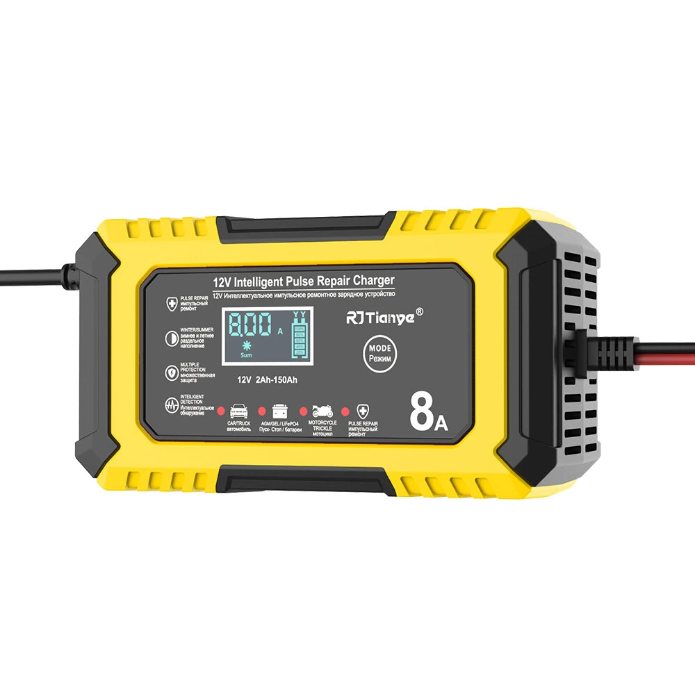 RJTianye 12V 8A 4ah-150ah Intelligent Pulse Repair Charger 110-230V AC Car Motorcycle Battery Charger LiFePO4 Charger Digital LCD Display — view 2