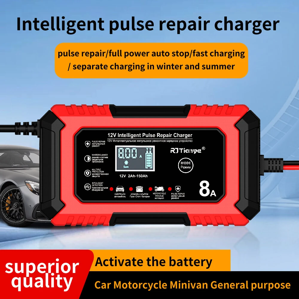 RJTianye 12V 8A 4ah-150ah Intelligent Pulse Repair Charger 110-230V AC Car Motorcycle Battery Charger LiFePO4 Charger Digital LCD Display — view 3