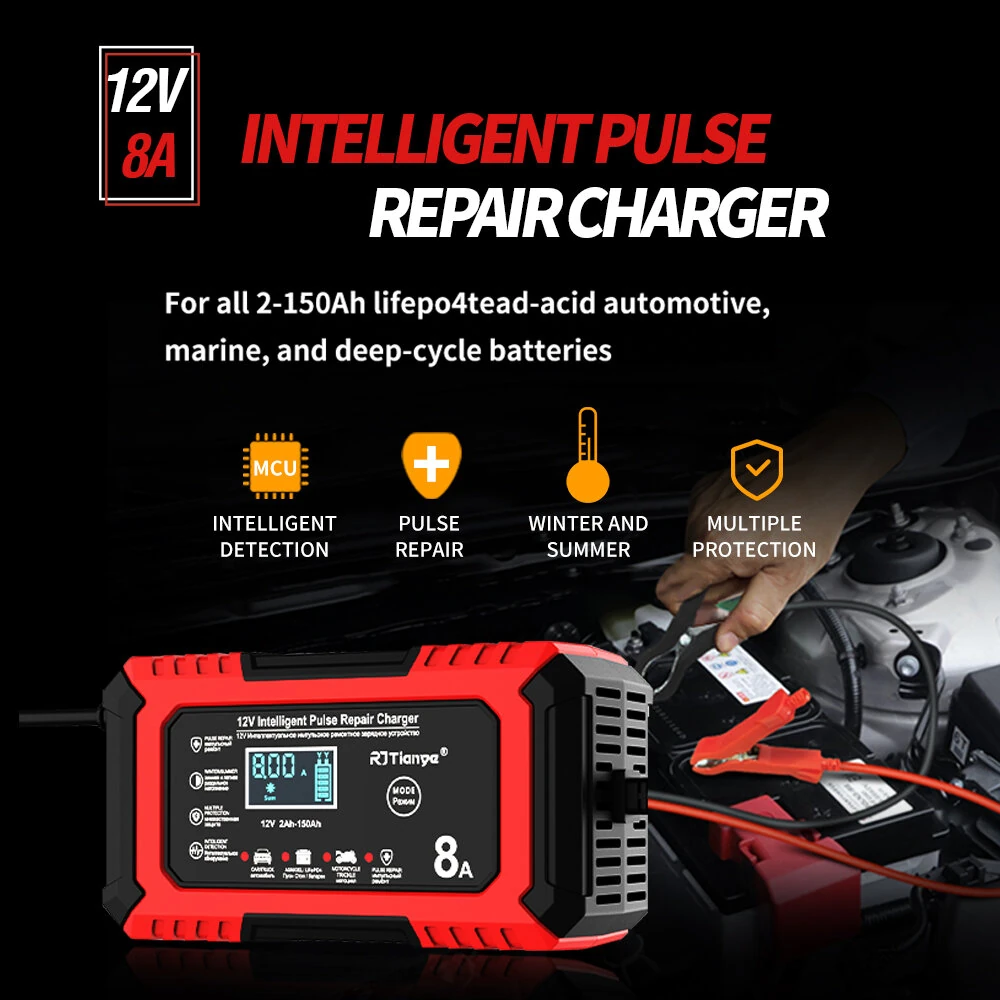RJTianye 12V 8A 4ah-150ah Intelligent Pulse Repair Charger 110-230V AC Car Motorcycle Battery Charger LiFePO4 Charger Digital LCD Display — view 4