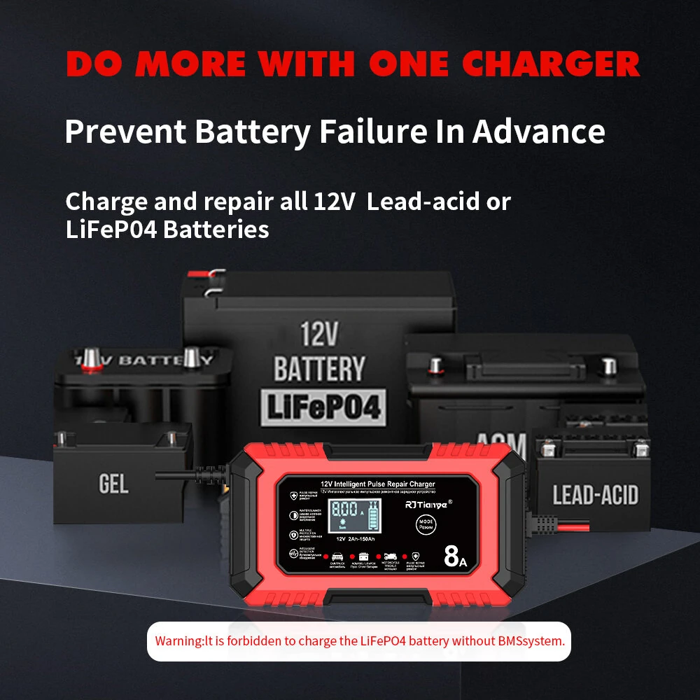 RJTianye 12V 8A 4ah-150ah Intelligent Pulse Repair Charger 110-230V AC Car Motorcycle Battery Charger LiFePO4 Charger Digital LCD Display — view 5
