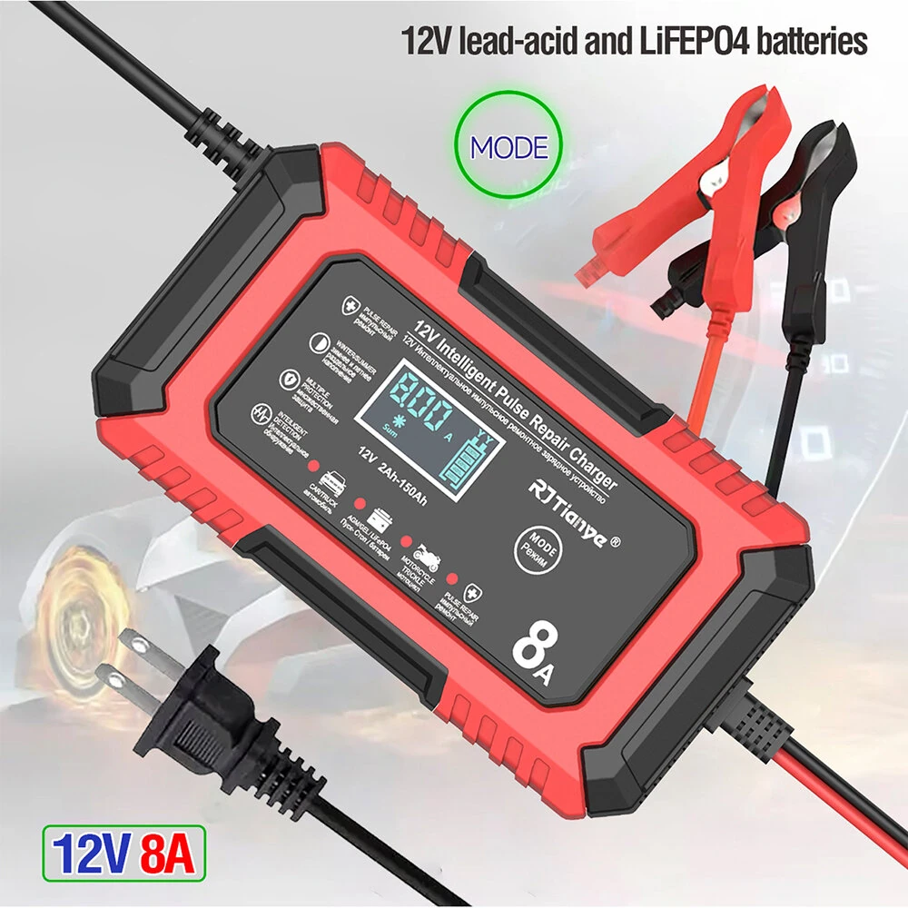 RJTianye 12V 8A 4ah-150ah Intelligent Pulse Repair Charger 110-230V AC Car Motorcycle Battery Charger LiFePO4 Charger Digital LCD Display — view 7