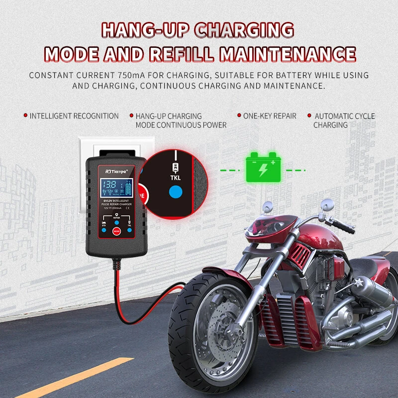 RJTianye 6V 12V 2A Car Smart Battery Charger ASE Adapter Automatic Float Charge Motorcycle Lawn Mower Tractor Lead Acid AGM Battery — view 2