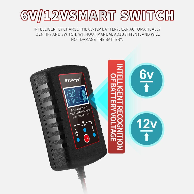 RJTianye 6V 12V 2A Car Smart Battery Charger ASE Adapter Automatic Float Charge Motorcycle Lawn Mower Tractor Lead Acid AGM Battery — view 5