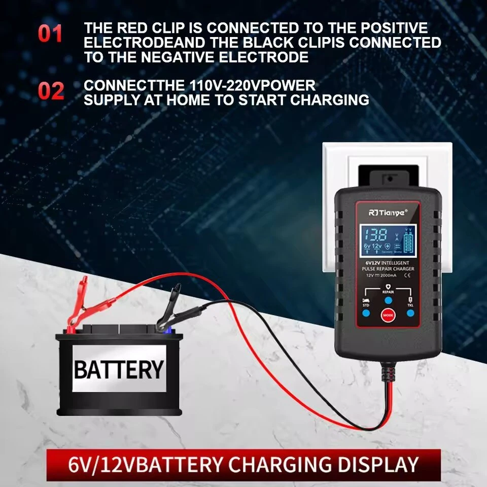 RJTianye 6V 12V 2A Car Smart Battery Charger ASE Adapter Automatic Float Charge Motorcycle Lawn Mower Tractor Lead Acid AGM Battery — view 8