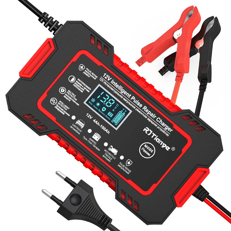 RJtianye European Standard 12V 6A Smart Pulse Repair Charger for SUV Motorcycle Charger LED Screen Display — view 2