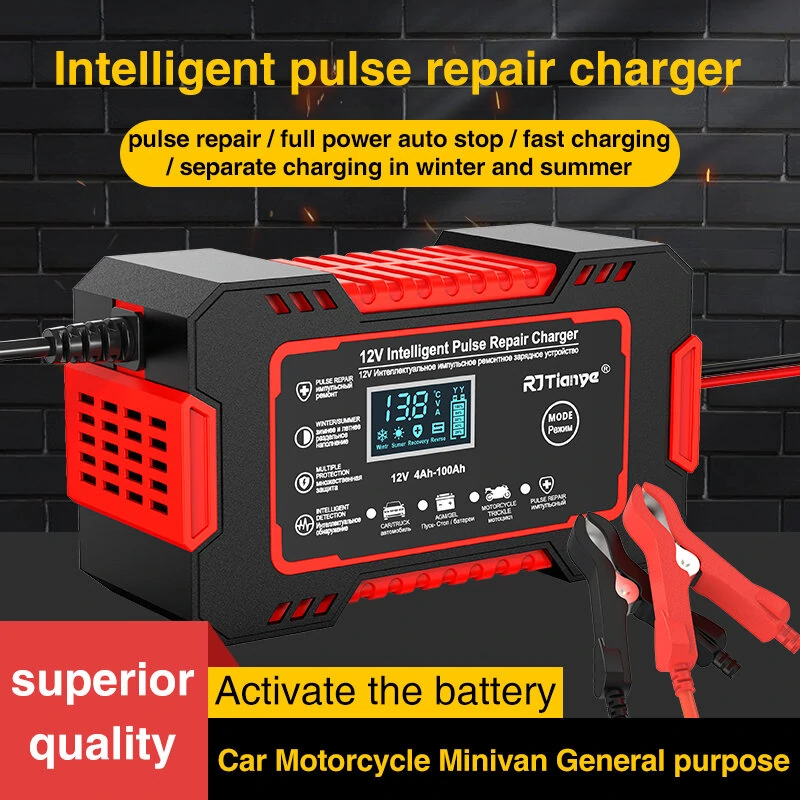 RJtianye European Standard 12V 6A Smart Pulse Repair Charger for SUV Motorcycle Charger LED Screen Display — view 5
