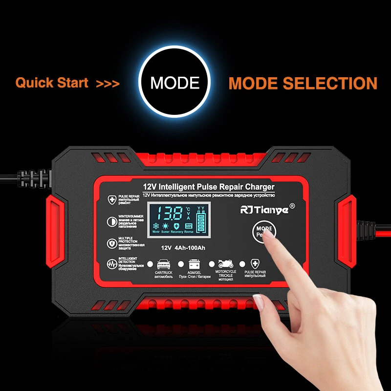 RJtianye European Standard 12V 6A Smart Pulse Repair Charger for SUV Motorcycle Charger LED Screen Display — view 6