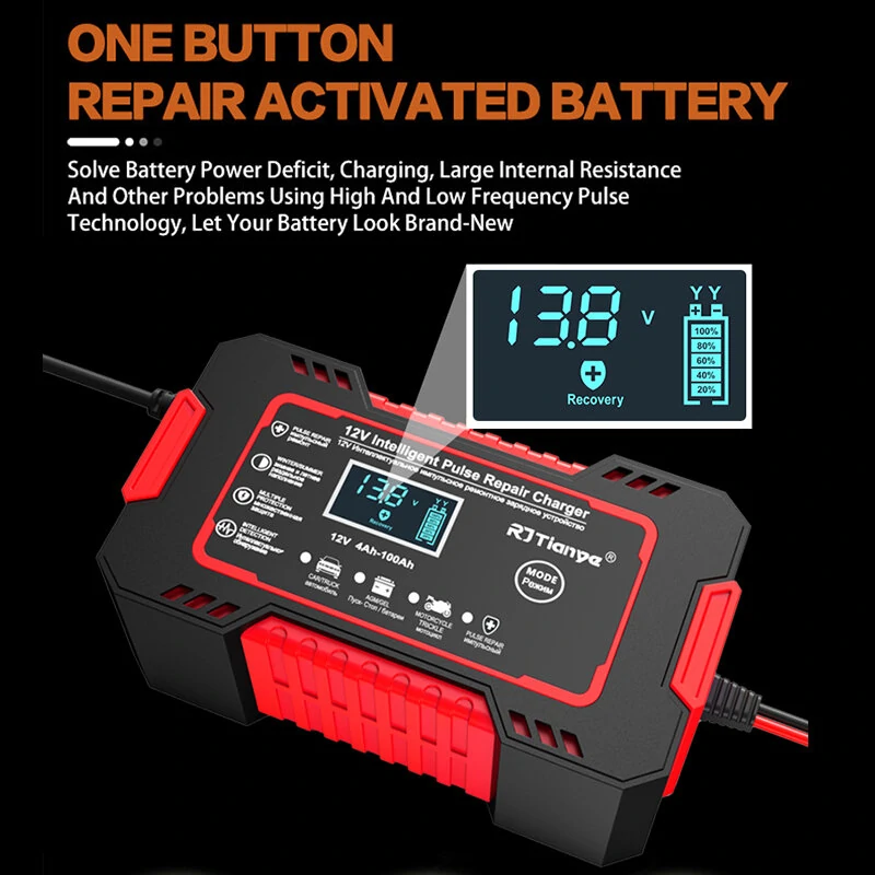 RJtianye European Standard 12V 6A Smart Pulse Repair Charger for SUV Motorcycle Charger LED Screen Display — view 7