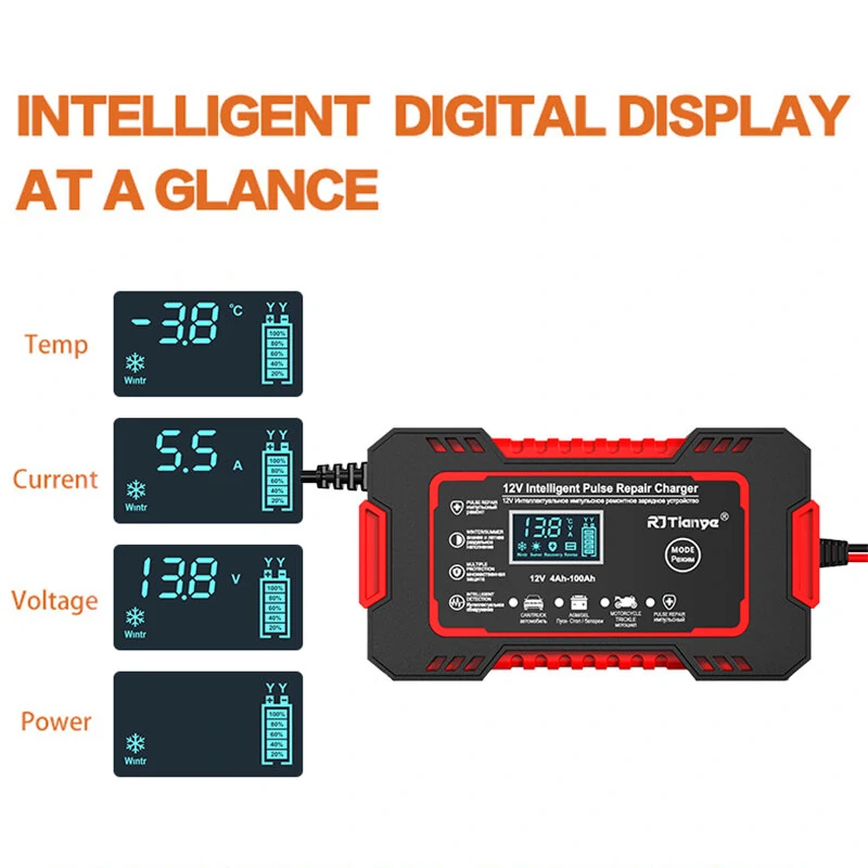 RJtianye European Standard 12V 6A Smart Pulse Repair Charger for SUV Motorcycle Charger LED Screen Display — view 9