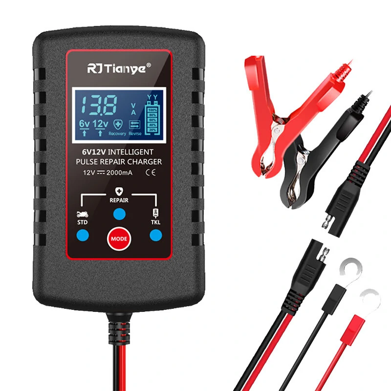 RJtianye Smart Automatic Motorcycle Battery Charger with 2m Clamp for 6V-12V 2Ah-20Ah Lead-Acid Battery — RJtianye