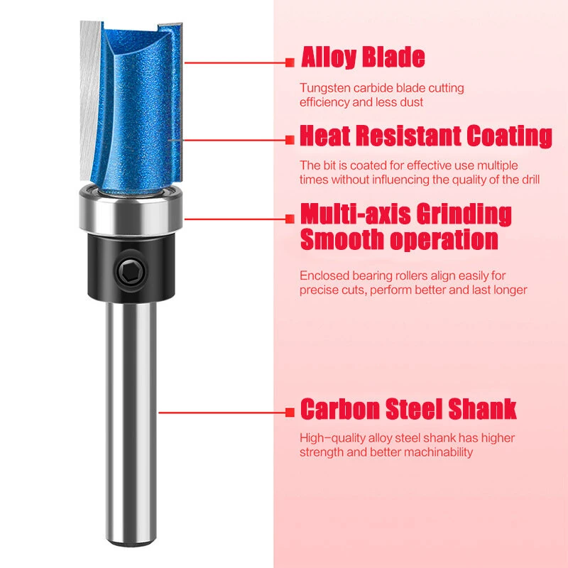 Router Bits Set of 4/5PCS 1/4inch Shank Flush Trim Router Bit Tungsten Carbide Template Pattern Bit Bearing Straight End Mill Woodworking Tools — view 3