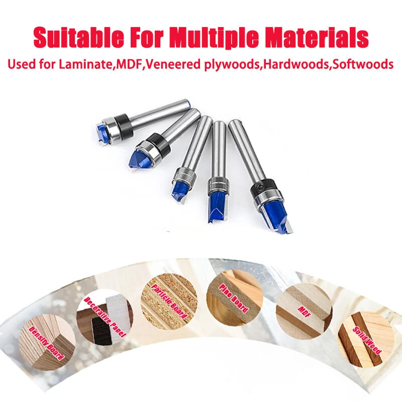 Router Bits Set of 4/5PCS 1/4inch Shank Flush Trim Router Bit Tungsten Carbide Template Pattern Bit Bearing Straight End Mill Woodworking Tools — view 5