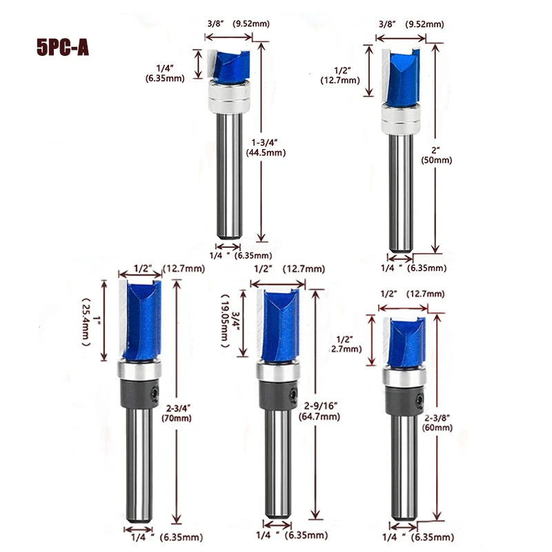 Router Bits Set of 4/5PCS 1/4inch Shank Flush Trim Router Bit Tungsten Carbide Template Pattern Bit Bearing Straight End Mill Woodworking Tools — view 6
