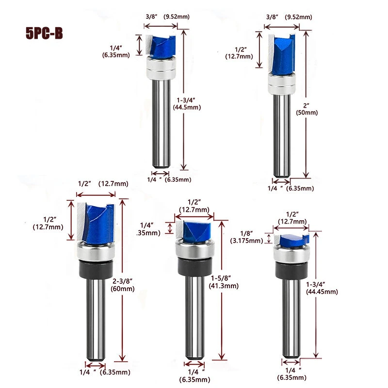 Router Bits Set of 4/5PCS 1/4inch Shank Flush Trim Router Bit Tungsten Carbide Template Pattern Bit Bearing Straight End Mill Woodworking Tools — view 7