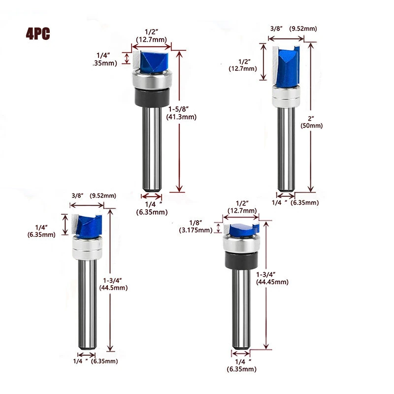 Router Bits Set of 4/5PCS 1/4inch Shank Flush Trim Router Bit Tungsten Carbide Template Pattern Bit Bearing Straight End Mill Woodworking Tools — view 8