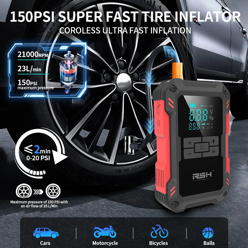 RSH Car Battery Jump Starter with Air Compressor 3000A Car Battery Booster 150PSI Portable Power Pack Jump Box with LCD Display for Gas Diesel Engine Vehicles — view 3
