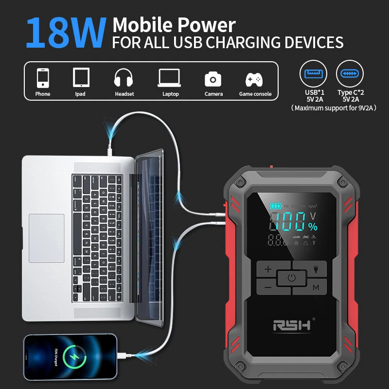 RSH Car Battery Jump Starter with Air Compressor 3000A Car Battery Booster 150PSI Portable Power Pack Jump Box with LCD Display for Gas Diesel Engine Vehicles — view 4