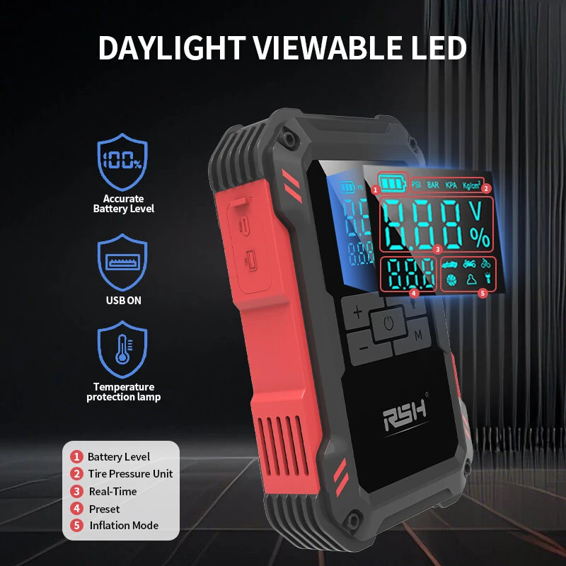 RSH Car Battery Jump Starter with Air Compressor 3000A Car Battery Booster 150PSI Portable Power Pack Jump Box with LCD Display for Gas Diesel Engine Vehicles — view 6